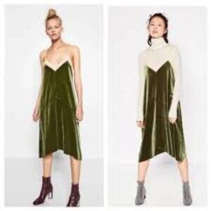 NWOT Green Velvet Midi Dress with Mesh Trim Detail